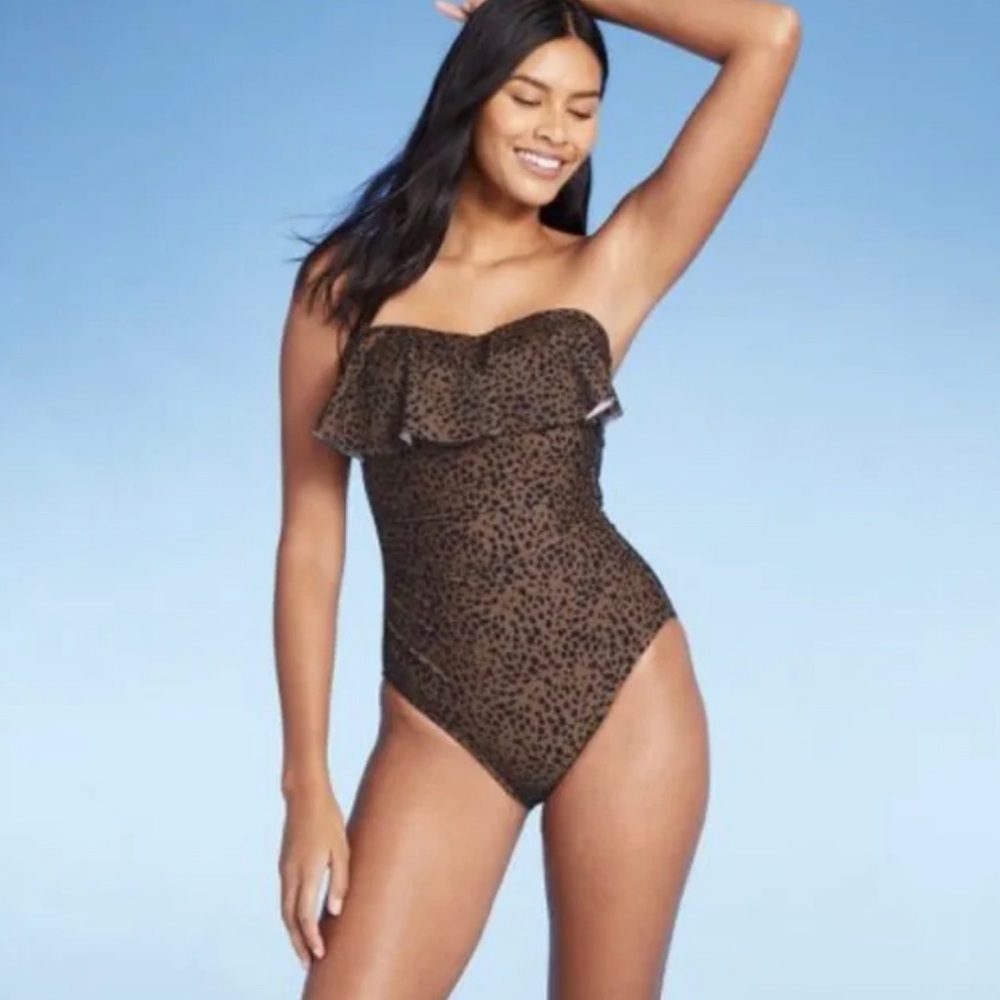 Women's Bandeau Flounce High Coverage One Piece Swimsuit Kona Sol Animal Print M